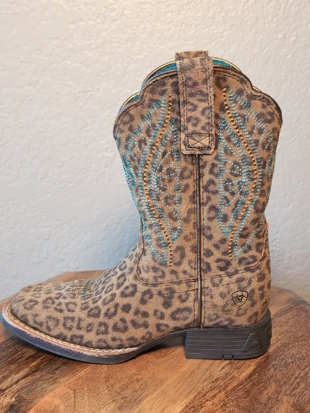 Kids Leopard Print Western Boots with Turquoise Stitching